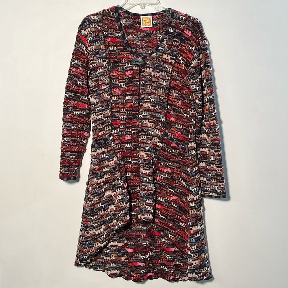 HAND JIVE Artsy Lagenlook 1 Button Multi Yarn Chunky 2 Pocket Hi-Lo Cardigan XS